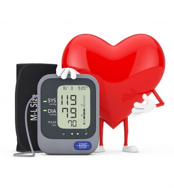 Red Heart Character Mascot and Digital Blood Pressure Monitor with Cuff on a white background. 3d Rendering